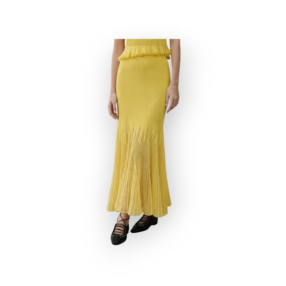 Commense Mesh Panel Pleated Knit Skirt – Yellow Midi Skirt NWT Size XL - Picture 2 of 4